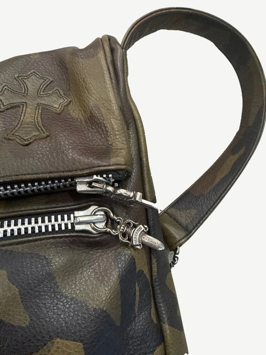 Chrome Hearts camo crossbody bag side angle showing zippered top, leather trim and silver hardware detail