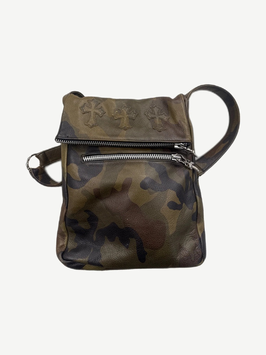 Chrome Hearts camo leather crossbody bag with silver triple cross plaque and adjustable strap, front view
