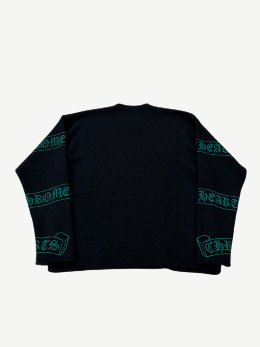 Chrome Hearts black cashmere sweater detail showing green knit Chrome Hearts gothic scroll on sleeve