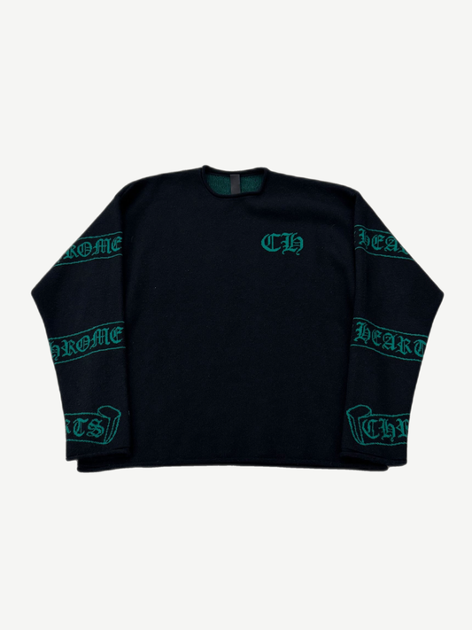 Chrome Hearts black cashmere crewneck sweater with green CH chest logo and scroll banner sleeve intarsia