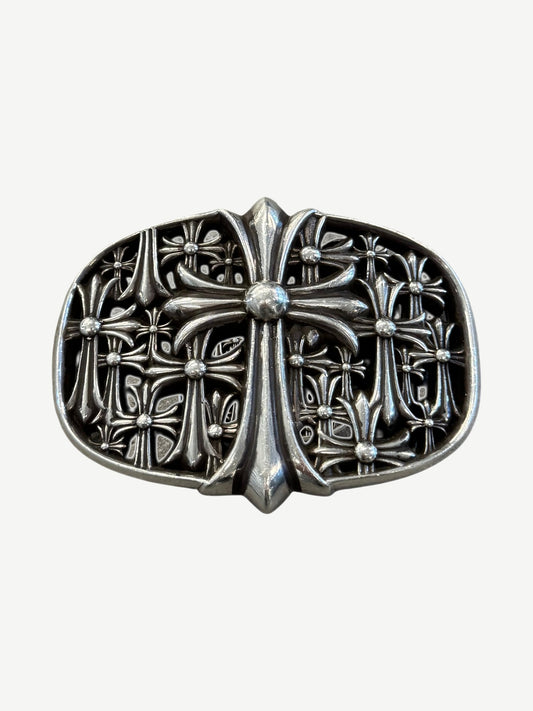Chrome Hearts Cemetery sterling silver belt buckle with openwork floral cross filigree pattern, oval shape