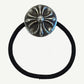 Chrome Hearts sterling silver cross ball charm hair tie on black elastic band, front view of CH motif