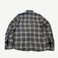 Chrome Hearts cross patch flannel back view in blue plaid with embroidered cross patches on elbows.
