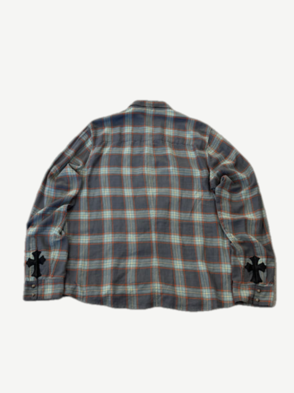 Chrome Hearts cross patch flannel back view in blue plaid with embroidered cross patches on elbows.