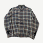 Chrome Hearts cross patch plaid flannel shirt with blue green plaid and black leather cross patches on sleeves.