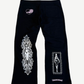 Chrome Hearts Deadly Doll sweatpants back with pink pinup figure inside ornate cross frame on right leg