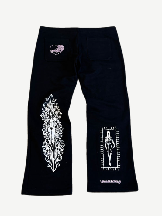 Chrome Hearts Deadly Doll sweatpants back with pink pinup figure inside ornate cross frame on right leg