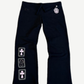 Chrome Hearts black sweatpants with three stacked white cross patches on left leg and CH waist logo, front view