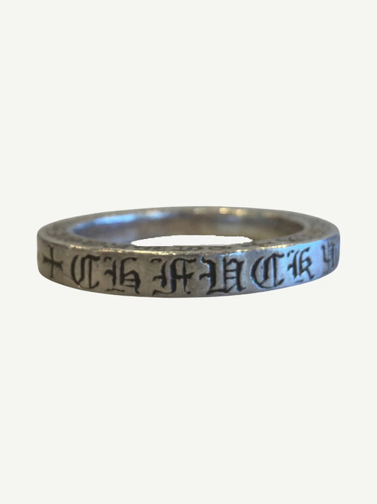 Chrome Hearts F You spacer ring in sterling silver with Old English gothic engraved lettering and crosses.
