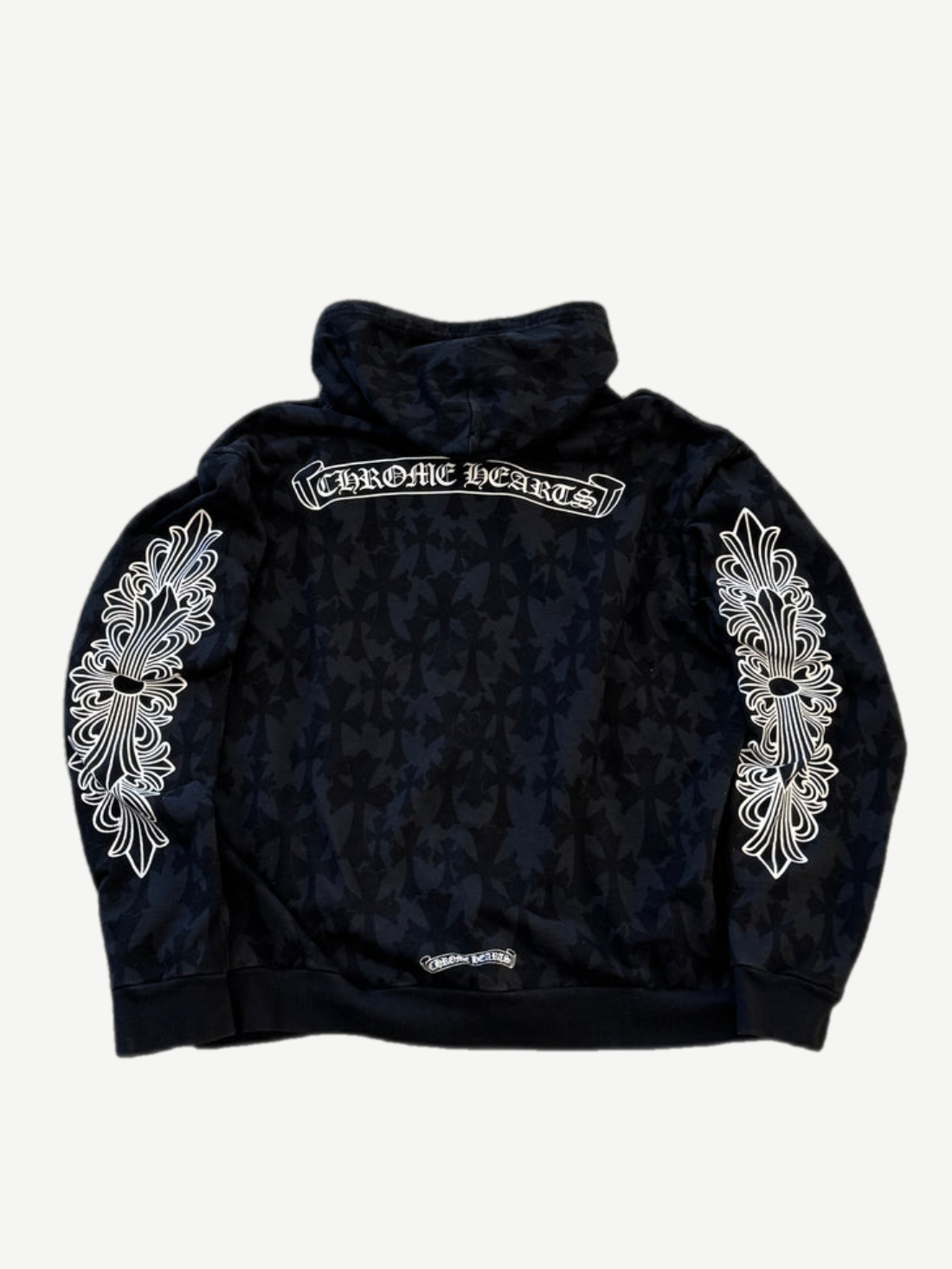 Chrome Hearts floral Cemetery zip-up back, white Chrome Hearts Old English bar print and cross sleeve graphics.