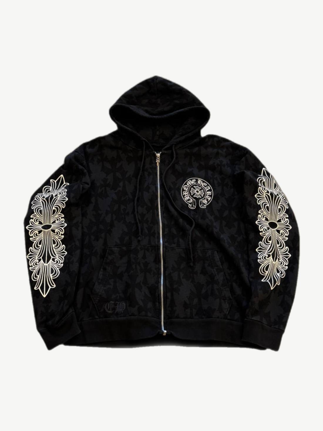 Chrome Hearts floral Cemetery zip-up hoodie with tonal floral allover print and white cross motifs on sleeves.