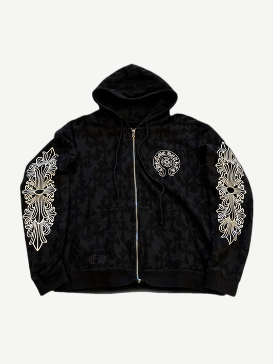 Chrome Hearts floral Cemetery zip-up hoodie with tonal floral allover print and white cross motifs on sleeves.
