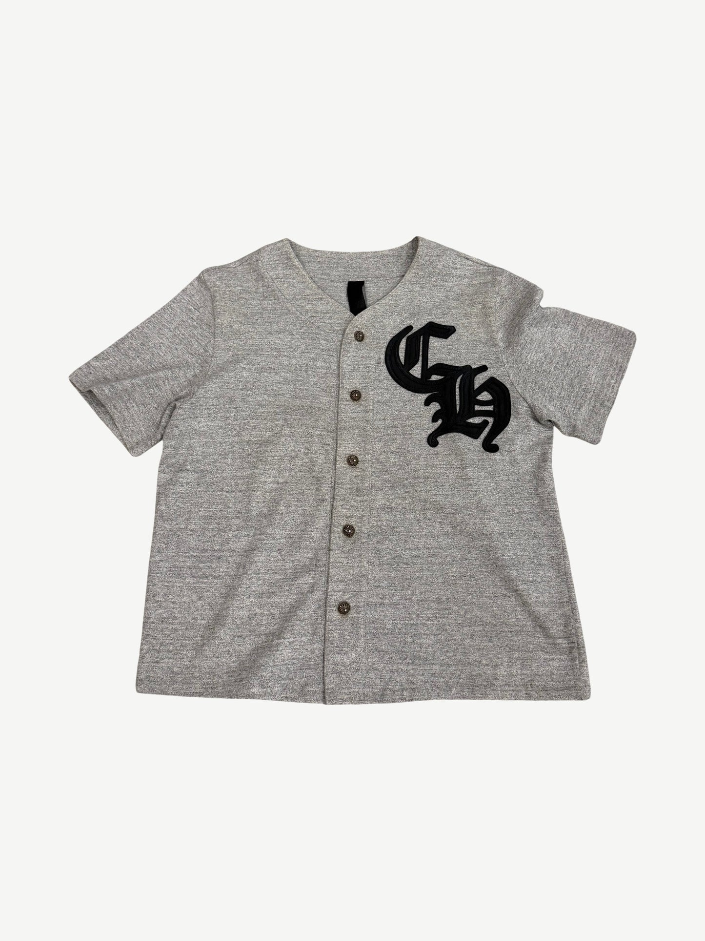 Chrome Hearts gray CH leather patch baseball jersey, button-front with red trim and chest logo patch