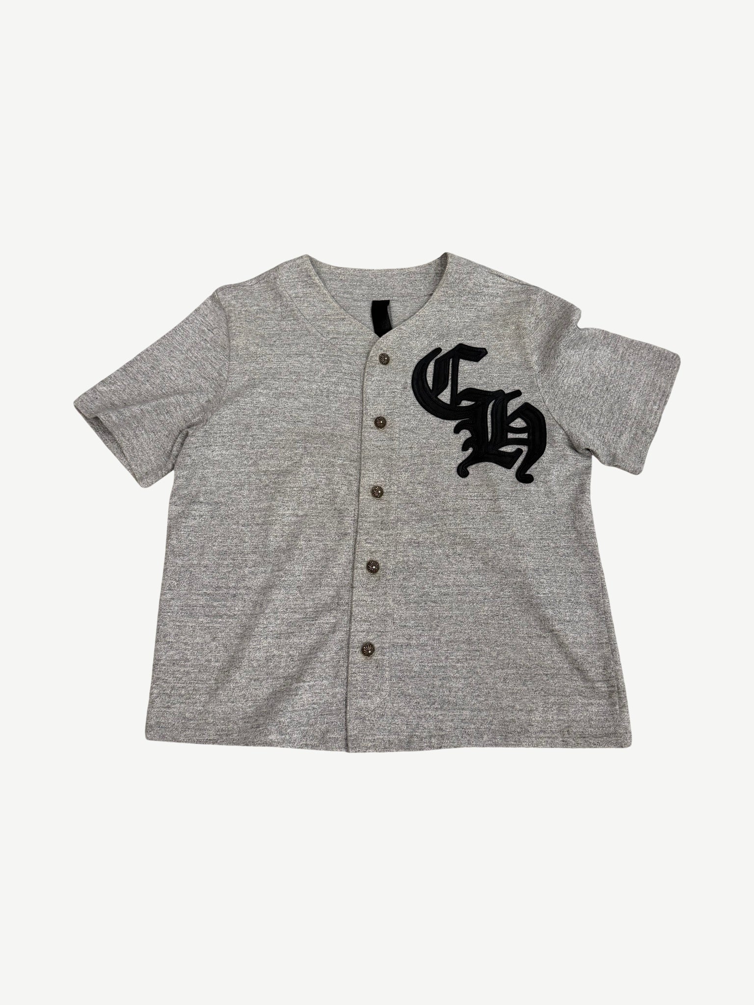 Chrome Hearts gray CH leather patch baseball jersey, button-front with red trim and chest logo patch