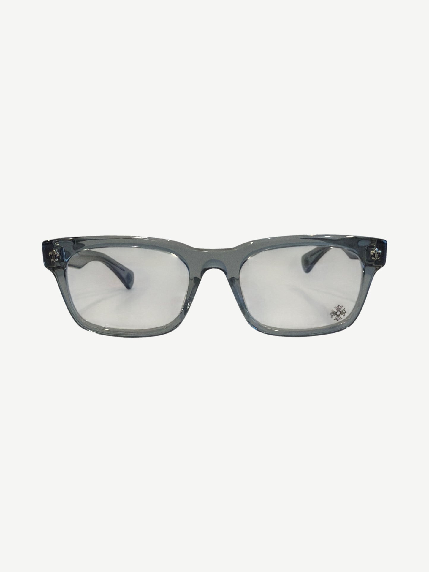Chrome Hearts Gittin Any? grey sunglasses side profile, showing engraved silver temple tip and Chrome Hearts logo.