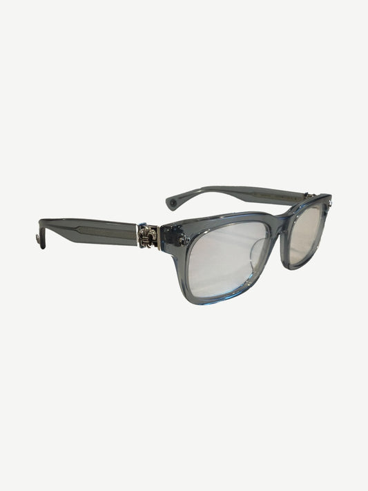 Chrome Hearts Gittin Any? grey acetate sunglasses, thick chunky frames with silver dagger logo on temples.