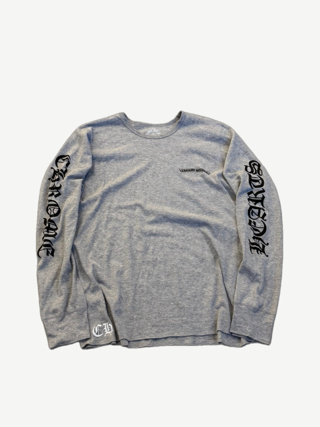 Chrome Hearts heather gray waffle thermal long sleeve with vertical Old English Chrome Hearts scroll on sleeves