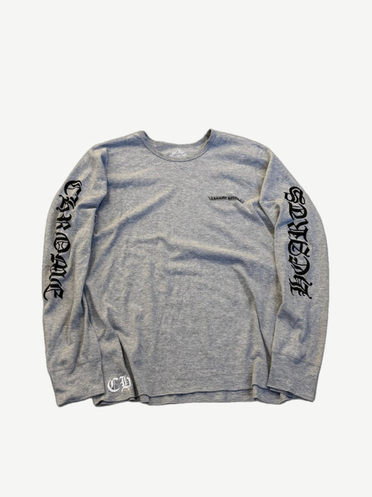 Chrome Hearts heather gray waffle thermal long sleeve with vertical Old English Chrome Hearts scroll on sleeves