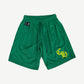 Chrome Hearts green mesh shorts front with yellow CH gothic logo on leg and woven brand tag