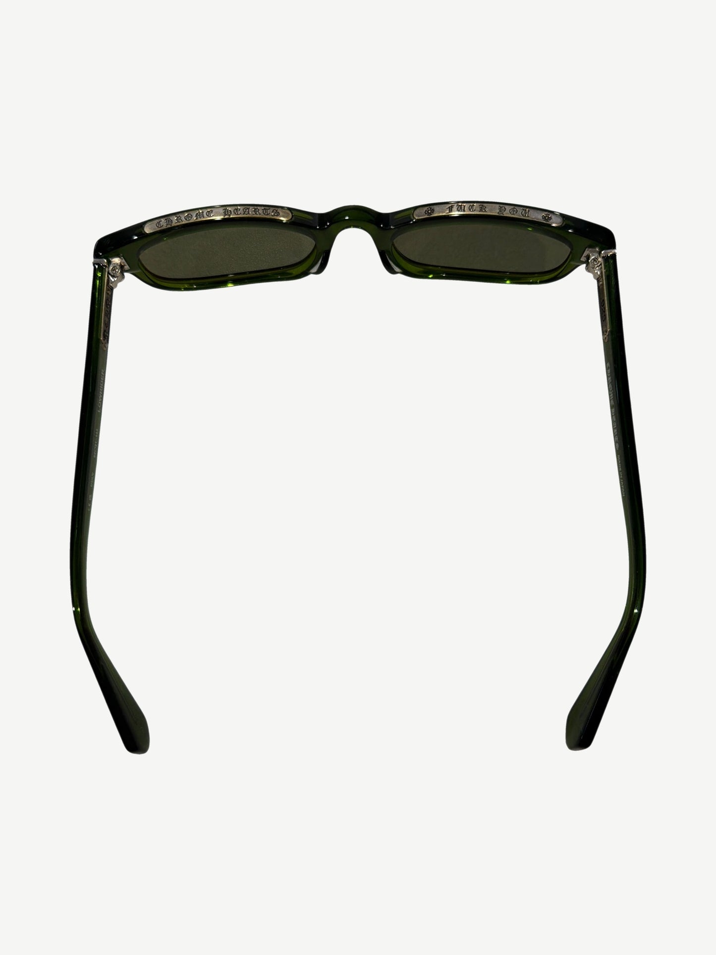 Chrome Hearts Lowrider green sunglasses interior detail with gothic Chrome Hearts engraving