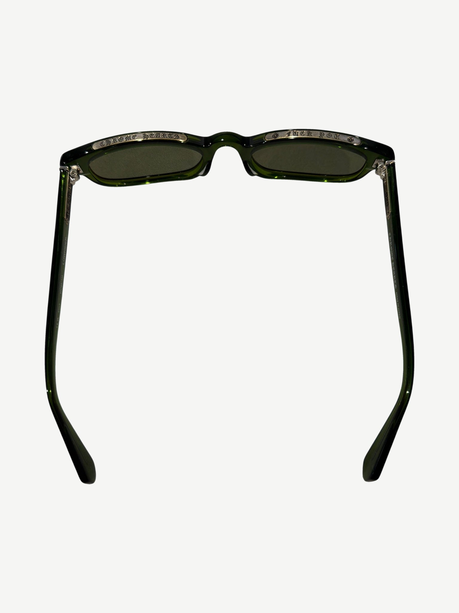 Chrome Hearts Lowrider green sunglasses interior detail with gothic Chrome Hearts engraving