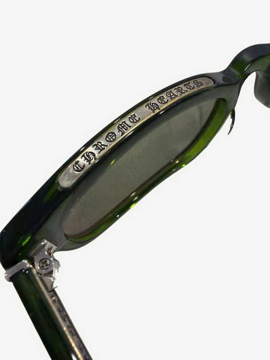 Chrome Hearts Lowrider green sunglasses three-quarter angle showing rectangular acetate frame