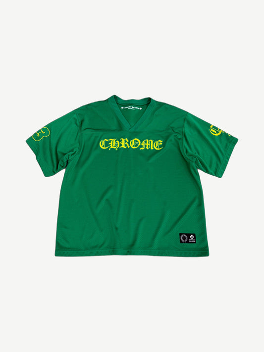 Chrome Hearts kelly green mesh football jersey front, yellow Old English CHROME chest print and number 3 sleeves.