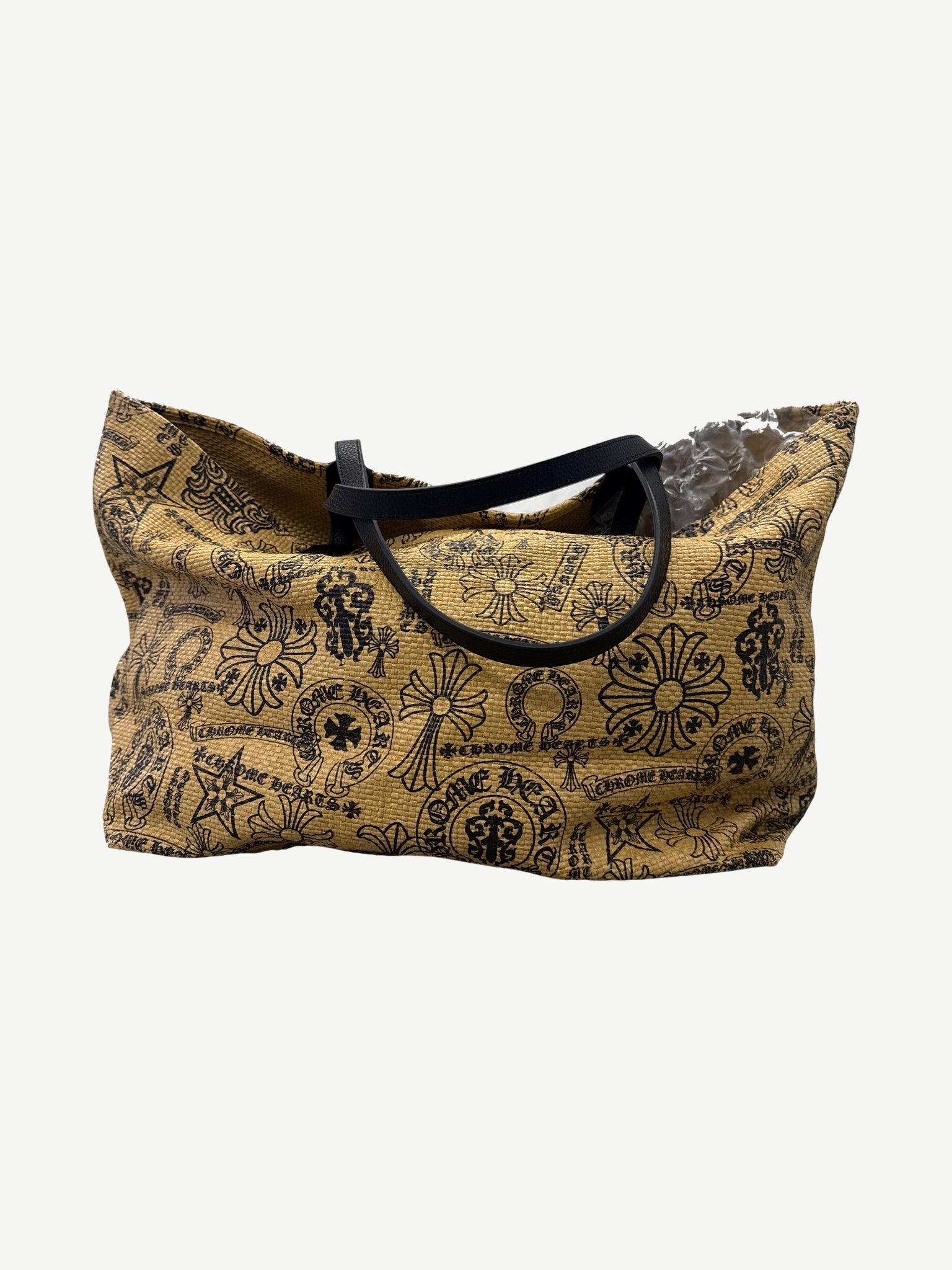 Chrome Hearts beach tote rear view in natural canvas with bold black gothic logo print and leather trim