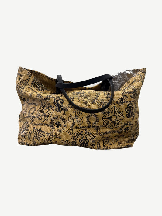 Chrome Hearts beach tote rear view in natural canvas with bold black gothic logo print and leather trim