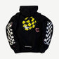 Chrome Hearts Matty Boy hoodie back, yellow checkered eye smiley face with pink Pretense The Pretend text.
