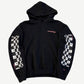 Chrome Hearts Matty Boy black hoodie front, pink Chrome Hearts chest logo and checkered eye print sleeve panels.