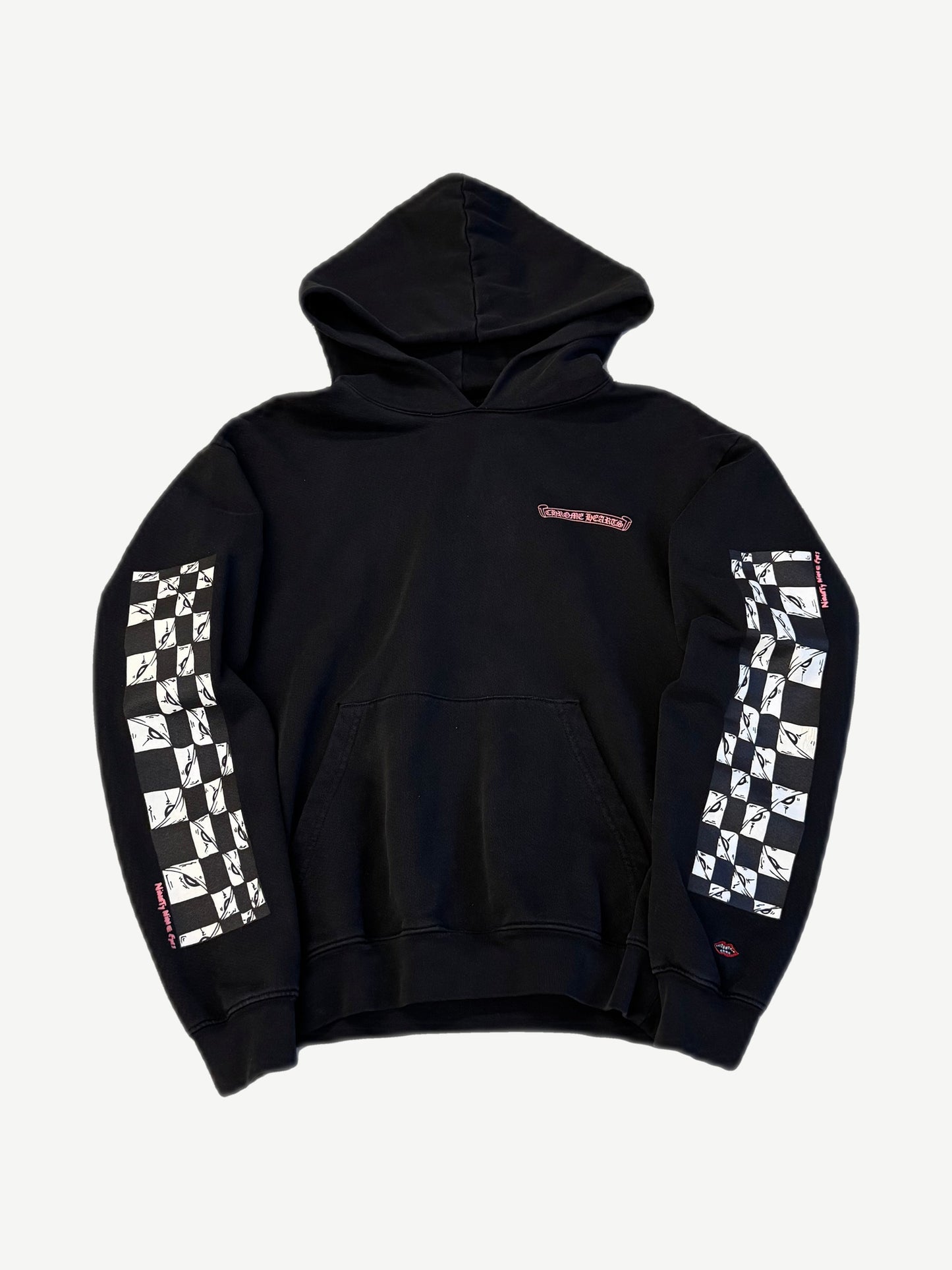 Chrome Hearts Matty Boy black hoodie front, pink Chrome Hearts chest logo and checkered eye print sleeve panels.