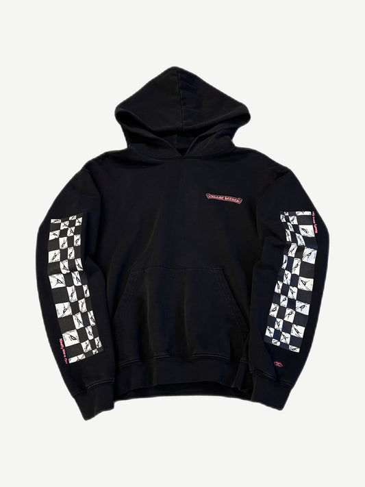 Chrome Hearts Matty Boy black hoodie front, pink Chrome Hearts chest logo and checkered eye print sleeve panels.