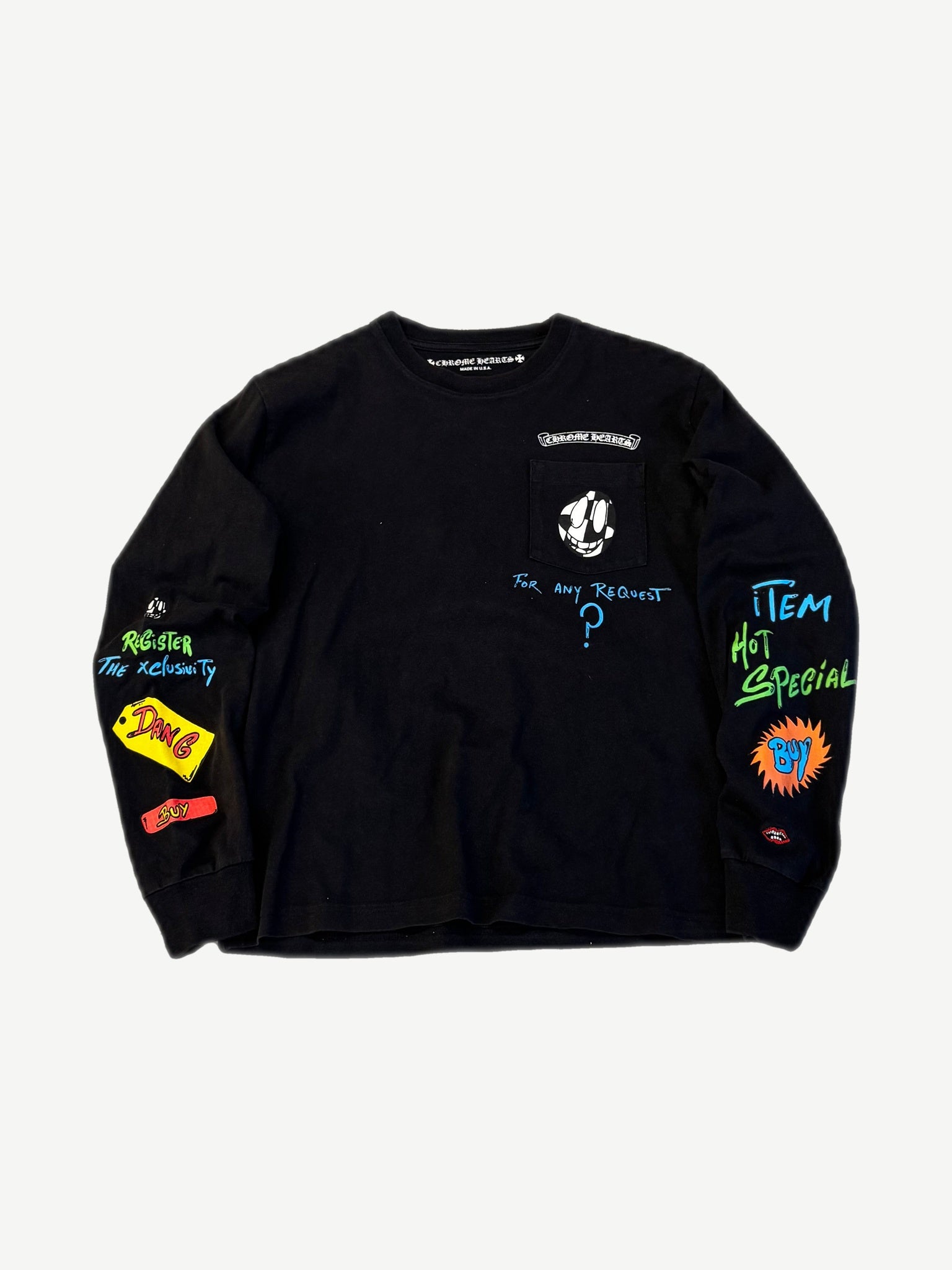 Chrome Hearts Matty Boy black longsleeve front with chest pocket smiley graphic and neon sleeve scribbles