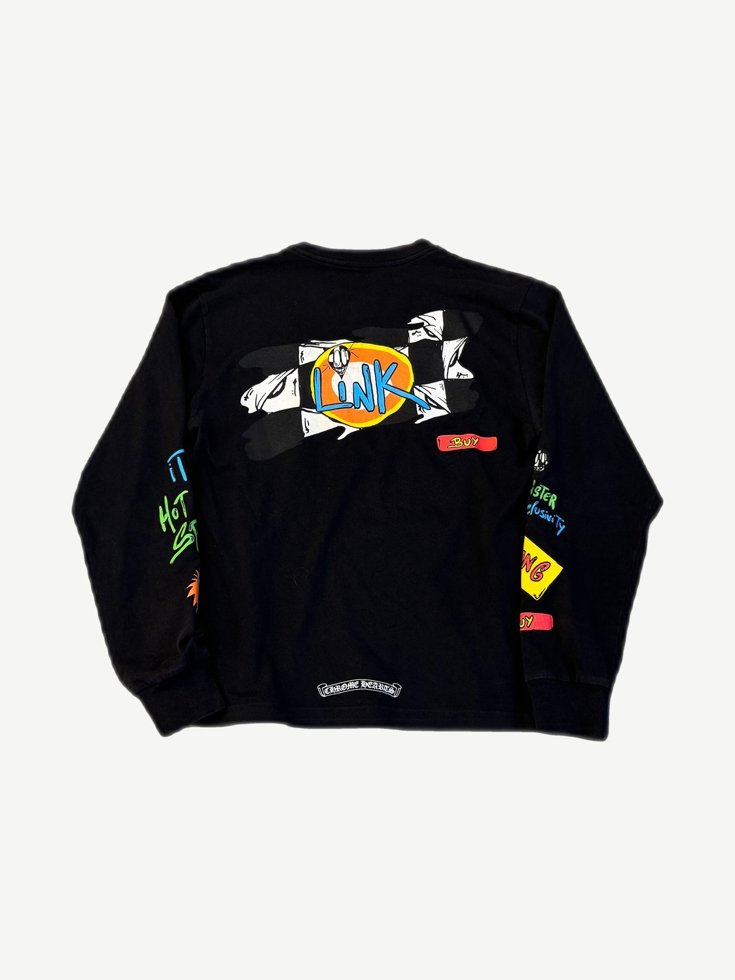 Chrome Hearts black longsleeve back with checker flag LINK Matty Boy print and neon sleeve graffiti tags