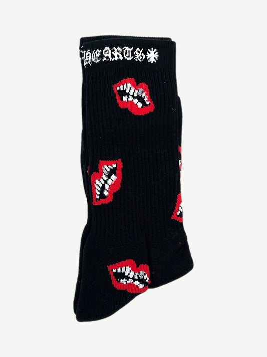Chrome Hearts Matty Boy black crew socks with red lips and teeth graphic and gothic Hearts cuff text.
