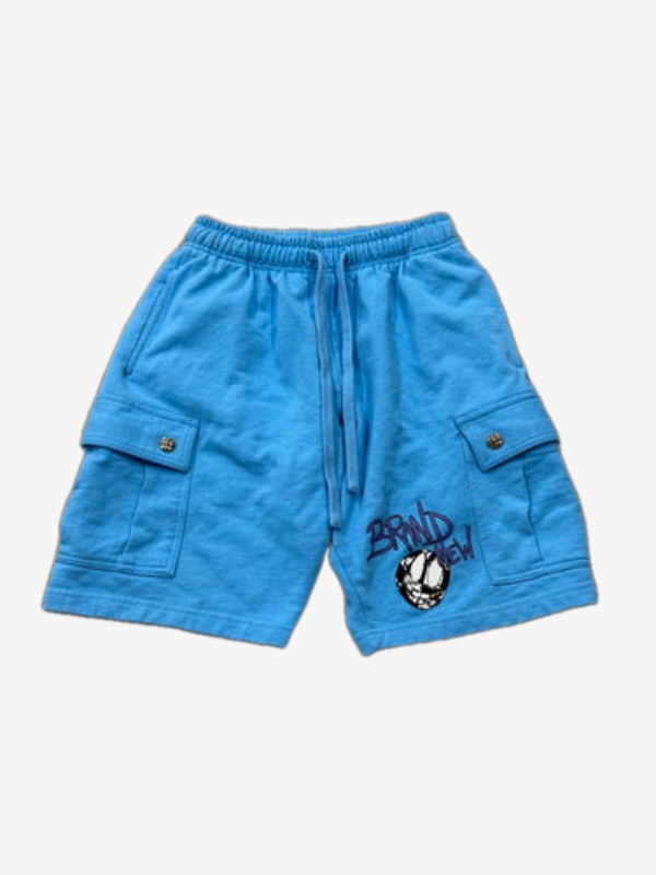 Chrome Hearts Matty Boy light blue cargo shorts front with drawstring and Brand New diamond thigh graphic