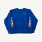 Chrome Hearts Matty Boy blue crewneck front with chest logo and twin flame skull sleeve prints