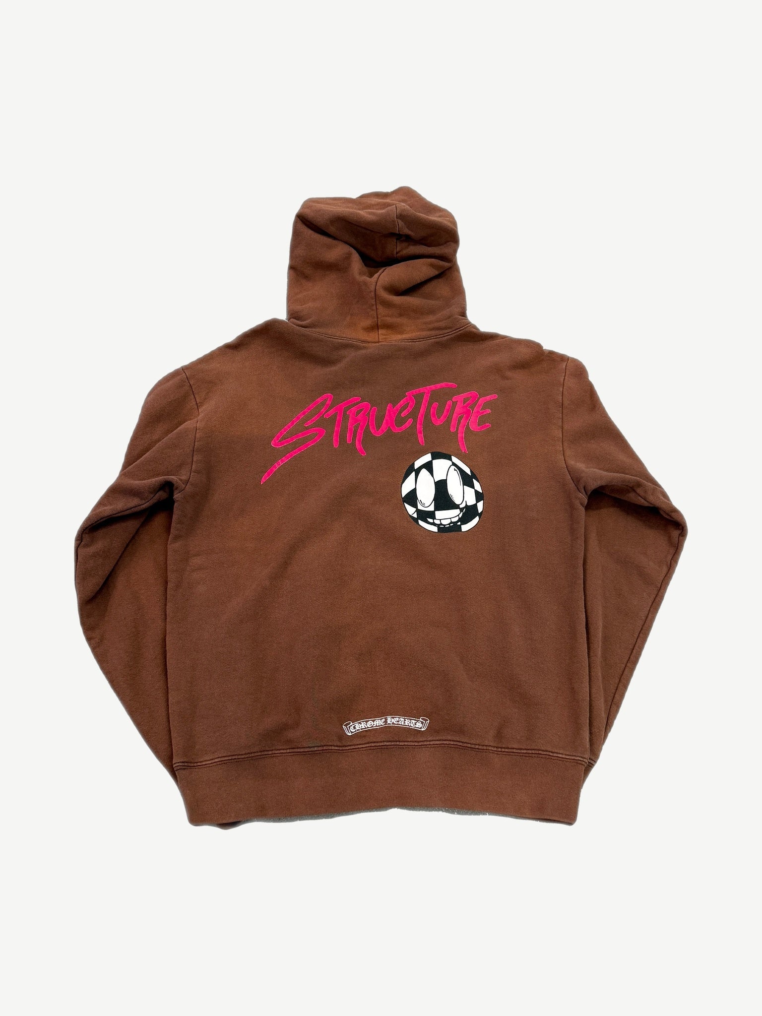 Chrome Hearts Matty Boy brown hoodie back with pink Structure script and checkered smiley face graphic
