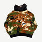 Chrome Hearts Matty Boy camo Caution zipup back view with orange Caution script and fanged mouth print