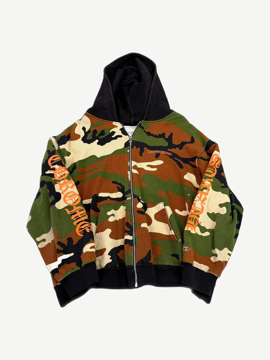 Chrome Hearts Matty Boy woodland camo Caution thermal zipup hoodie front with orange Chrome sleeve prints