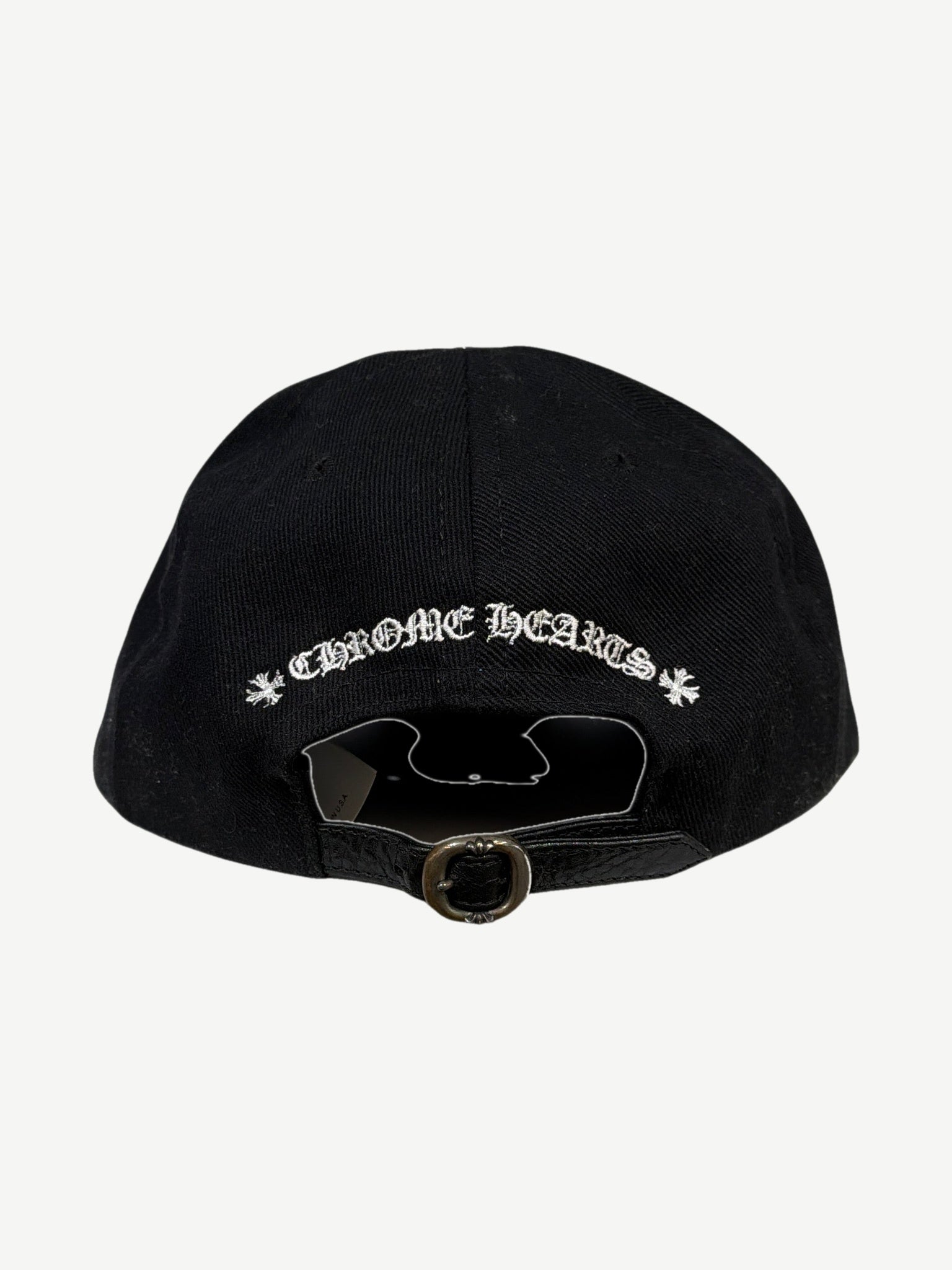 Back view of Chrome Hearts Matty Boy black cap with Chrome Hearts script embroidery and leather strap