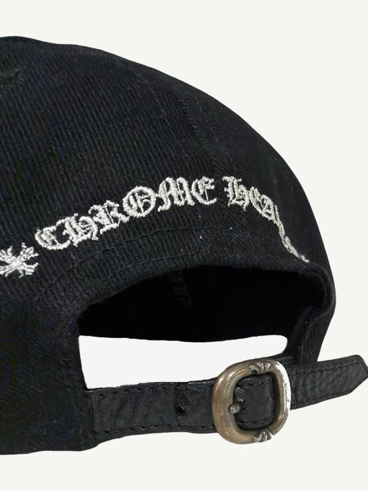 Chrome Hearts Chomper cap back detail with Old English embroidery and engraved silver leather strap buckle