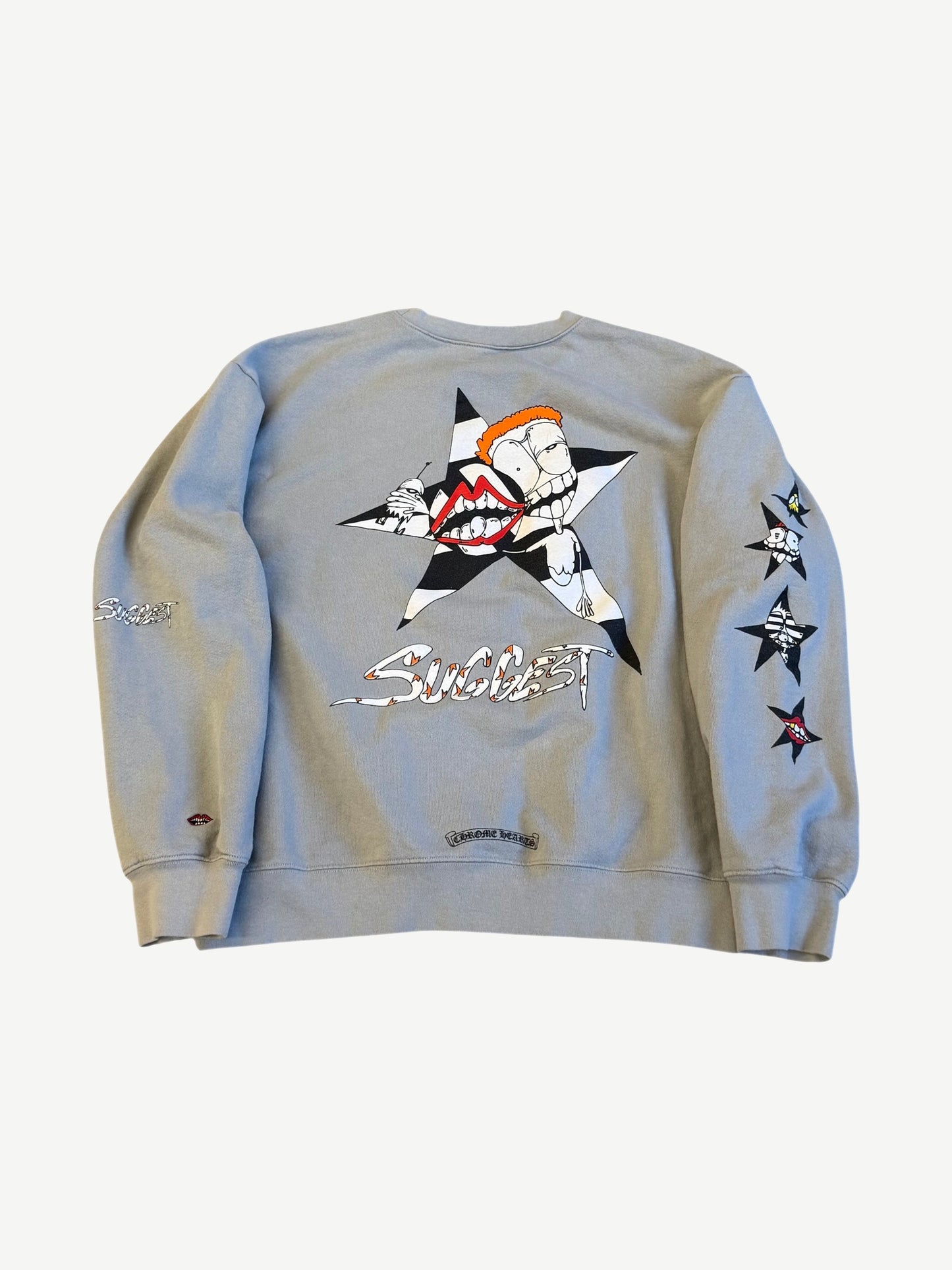 Chrome Hearts Matty Boy gray crewneck back with checkered star Suggest cartoon character print across the back
