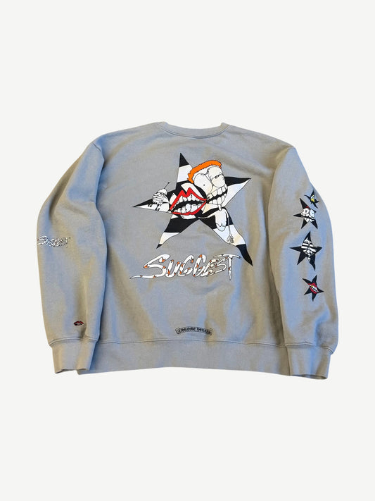 Chrome Hearts Matty Boy gray crewneck back with checkered star Suggest cartoon character print across the back