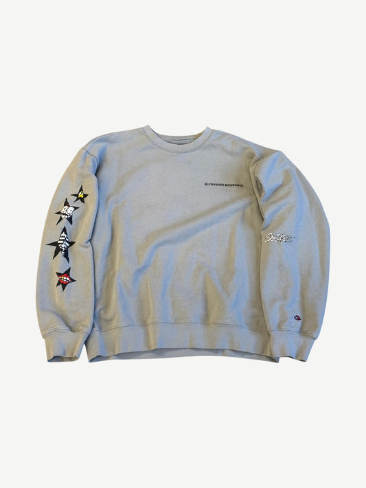 Chrome Hearts Matty Boy gray Suggest crewneck front with small chest logo and cartoon star sleeve graphics