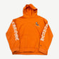 Chrome Hearts x Matty Boy orange hoodie front with Link character chest print and gothic sleeve logos