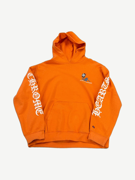 Chrome Hearts x Matty Boy orange hoodie front with Link character chest print and gothic sleeve logos