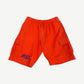 Chrome Hearts Matty Boy orange fleece cargo shorts front with purple Spark The Heart embroidery and CH studs.