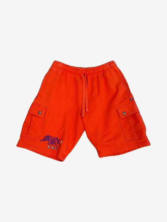 Chrome Hearts Matty Boy orange fleece cargo shorts front with purple Spark The Heart embroidery and CH studs.